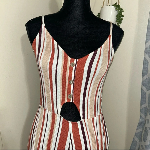 Stretchy Striped Jumpsuit - Brown, Rust Orange, Cream 🌟 Size M - Picture 2 of 9